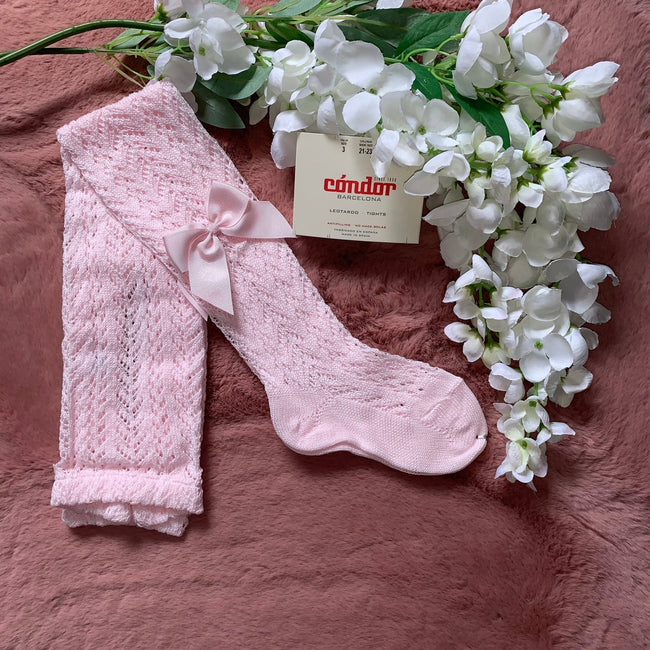 Condor Pink Openwork Girls Bow Tights - Arbella's Baby Box