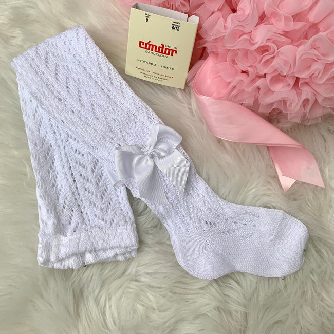 Condor White Openwork Girls Bow Tights - Arbella's Baby Box