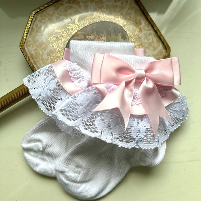 Girls frilly pink bow socks - Arbella's Baby Box