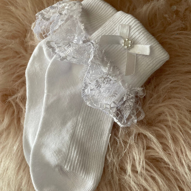 Girls White Jester Frilly Lace Socks - Arbella's Baby Box