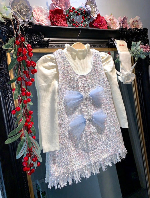 White & Blue Tilly-May Girls Tweed style two piece - Arbella's Baby Box