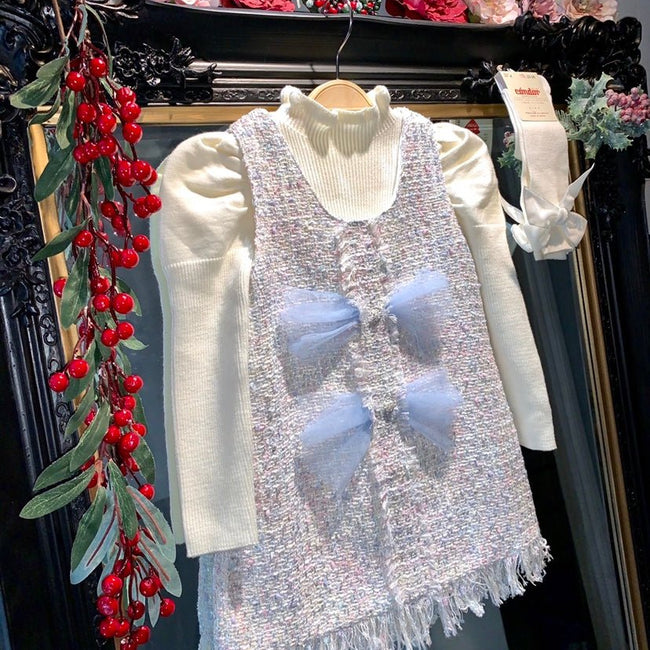 White & Blue Tilly-May Girls Tweed style two piece - Arbella's Baby Box